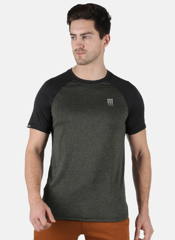 stylish short sleeve shirt for travel -Men Olive Self Design Round Neck T-Shirt